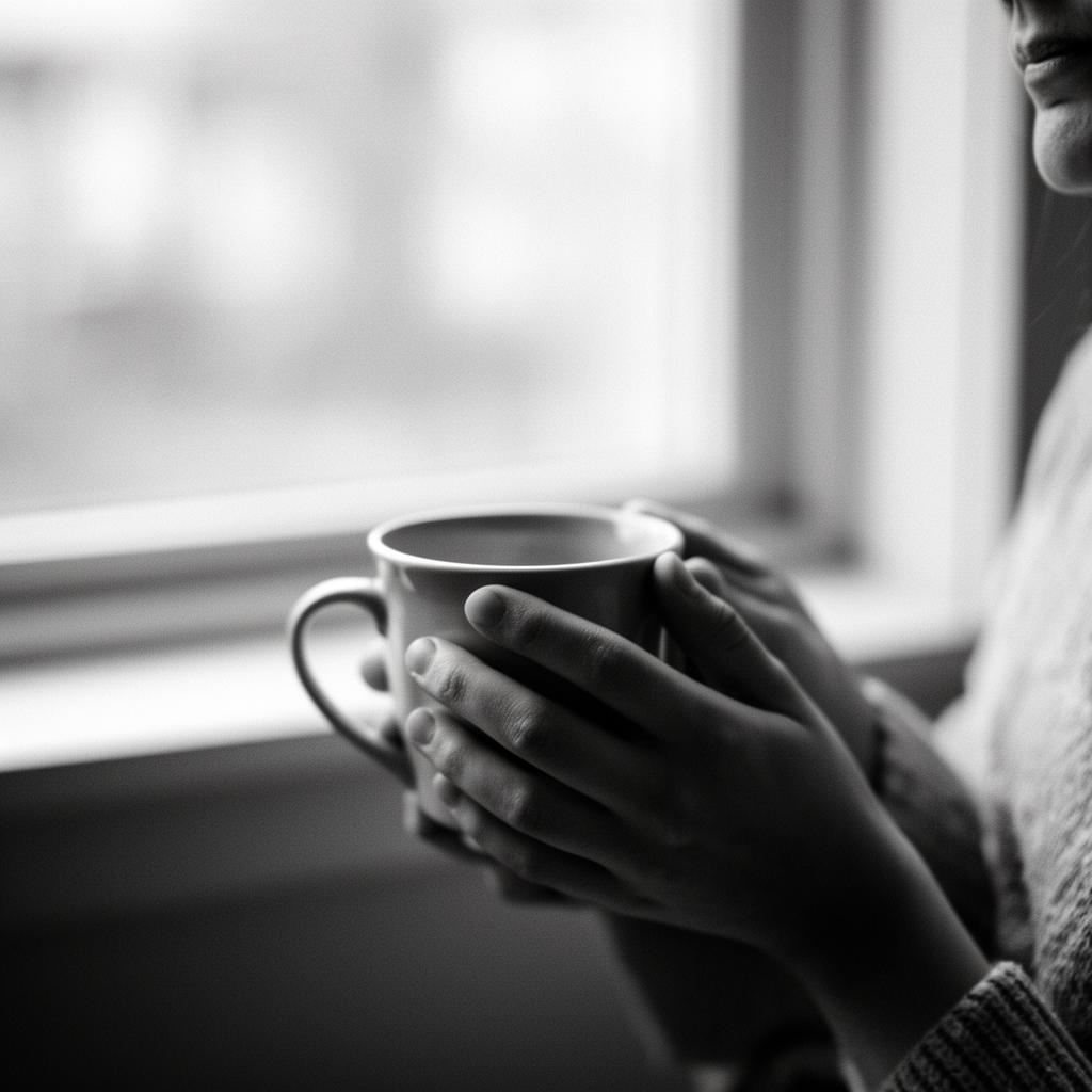 Hands holding a warm mug in window light